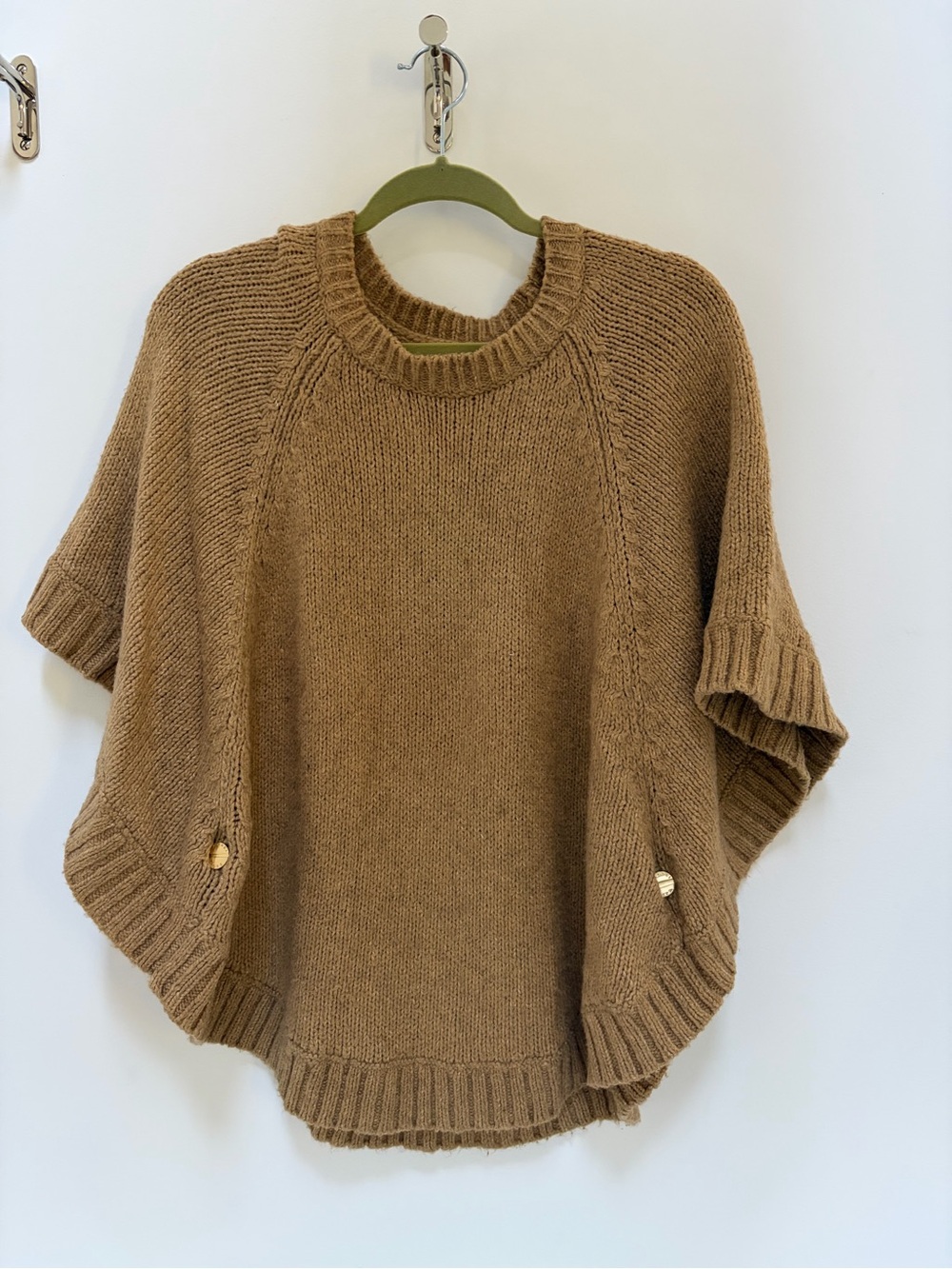Michael Kors Camel Brown Knit Poncho Sweater w/ brass buttons details